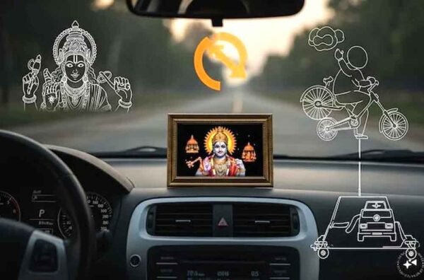 गाड़ी पर स्वास्तिक और भगवान का नाम